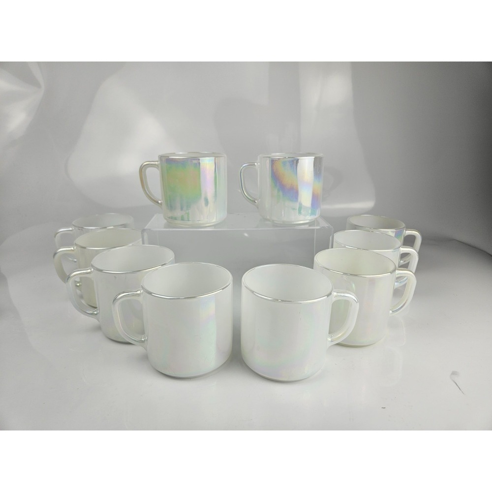 Federal‎ Glass Moonglow Iridescent Milk Glass D-Handle Mugs Set of 10 Heat Proof